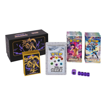 Black Pokémon Radiant Energy Collection Box V.2 with gold and purple art, card sleeves, booster packs, and dice.