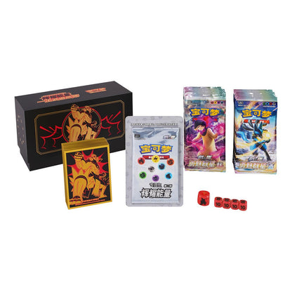 Pokémon Radiant Energy Collection Box V.2 with black storage box, gold card sleeves, booster packs, and red dice.