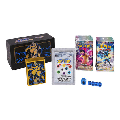 Pokémon Radiant Energy Collection Box V.2 with black storage box, gold card sleeves, booster packs, and blue dice.