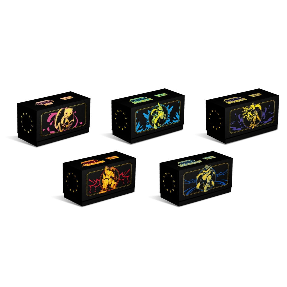 Five black Pokémon Radiant Energy Collection Boxes, each with a unique colorful character design.