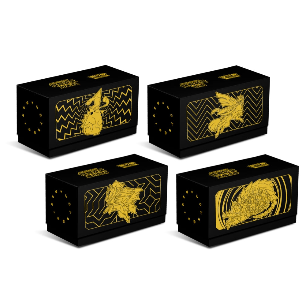 Four black Pokémon Radiant Energy Collection storage boxes with gold Pikachu, Rayquaza, Charizard, and Gyarados designs.