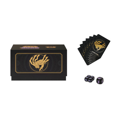 Black Pokémon Radiant Energy Collection Set Vol. 3 box with gold mythical creature, cards, and purple dice.