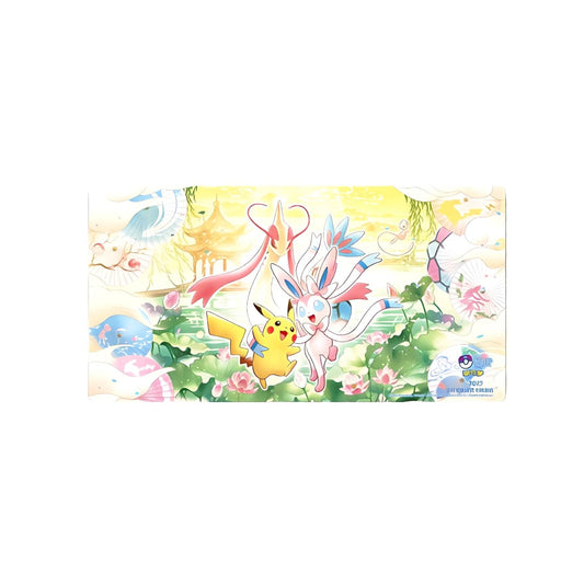 Hangzhou Master League rubber playmat featuring Pikachu, Sylveon, and Milotic in a colorful lotus pond design.