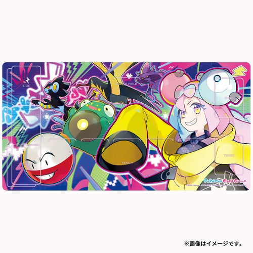 Iono Pokémon rubber playmat featuring colorful character artwork and card placement zones on a 58x30 cm non-slip surface.