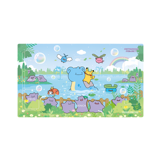 Pokémon Ditto Event rubber playmat featuring a colorful lake scene with Ditto, Pikachu, and Lapras, size 58x30cm.
