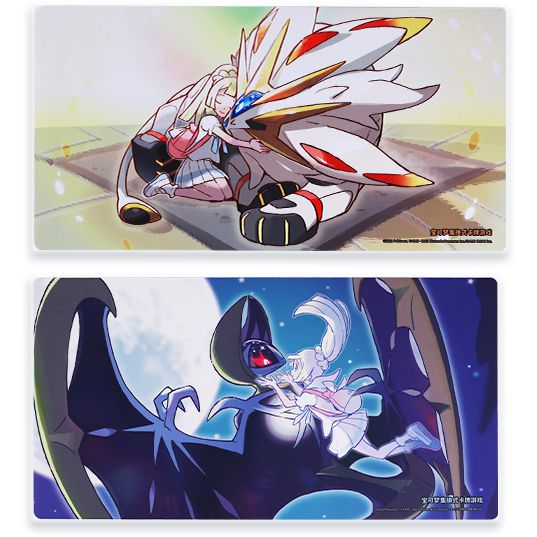 Pokémon TCG Lillie playmat, featuring Lillie hugging Solgaleo on top and riding Lunala on bottom.