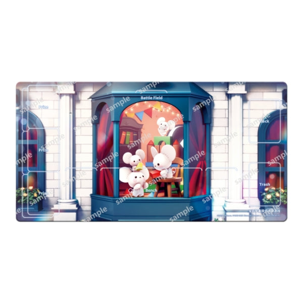 Maushold rubber Pokémon playmat featuring a cozy window display design, measuring 58x30cm with card placement zones.