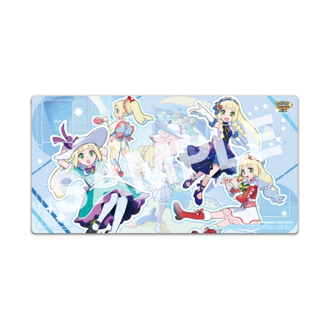 Light blue Pokémon rubber playmat featuring Lillie in various outfits, measuring 58x30cm with card placement zones.