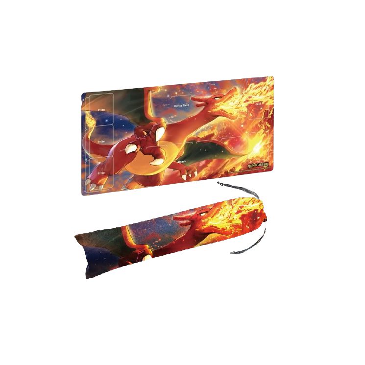Charizard Pokémon TCG rubber playmat with fiery red dragon design and matching storage bag.