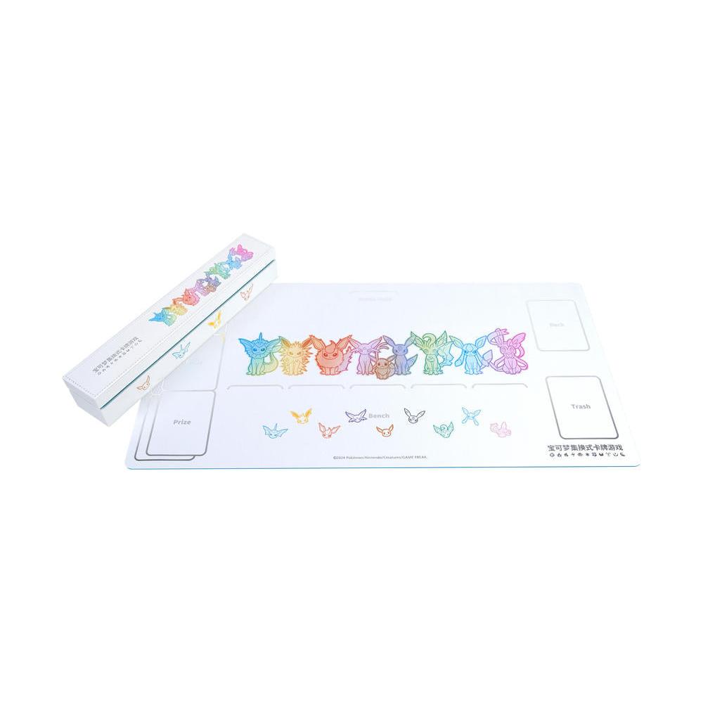 Eeveelution Pokémon rubber playmat and storage box with colorful character illustrations on a white background.