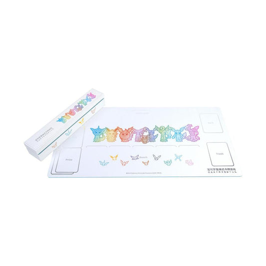 Eeveelution Pokémon rubber playmat and storage box with colorful character illustrations on a white background.