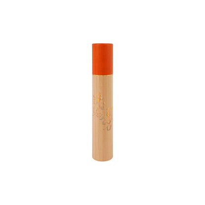 Tall, cylindrical light wood storage box with an orange cap and subtle gold Japanese characters.