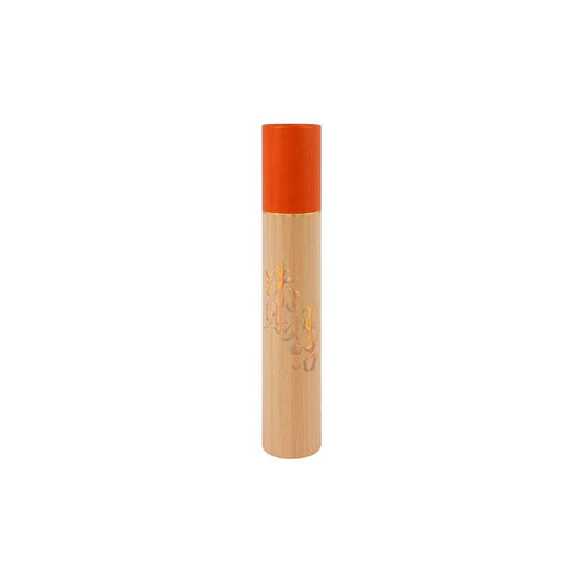 Tall, cylindrical light wood storage box with an orange cap and subtle gold Japanese characters.