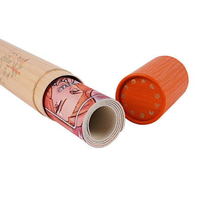 Rolled Pokémon Irida & Adaman playmat with rubber backing, partially inside a light wood storage tube with an orange cap.