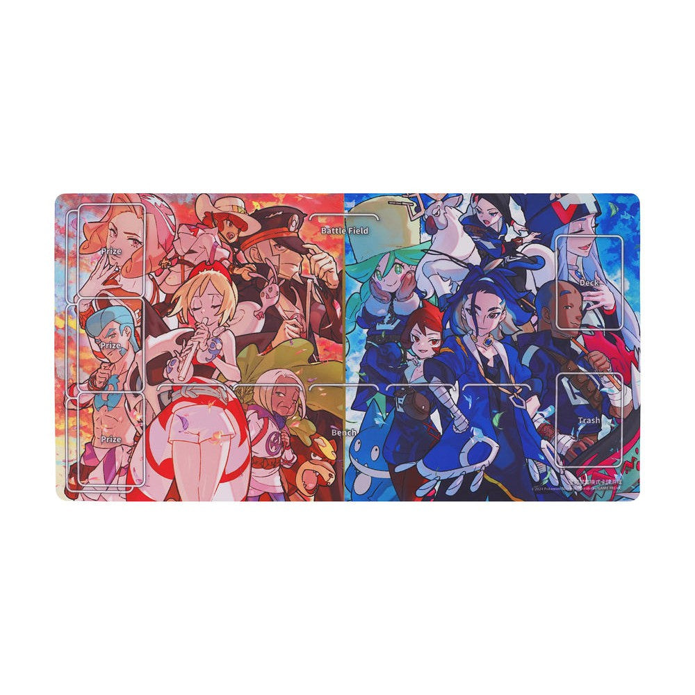 Pokémon Card Game rubber playmat featuring Irida & Adaman characters in red and blue zones, with card game layouts.