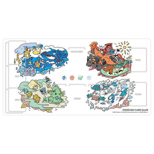 Pokémon Weather Team rubber playmat featuring colorful illustrations of various Pokémon types on a 58x30cm non-slip surface.