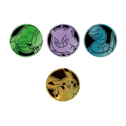 Four circular Pokémon collector coins featuring Parasect, Gengar, Ekans, and a gold holographic Pikachu design.