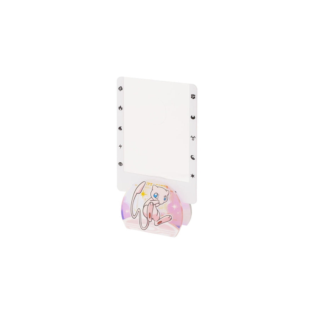 Pokémon 151 Journey acrylic stand featuring a pink Mew character design with energy symbols on a white rectangular frame.