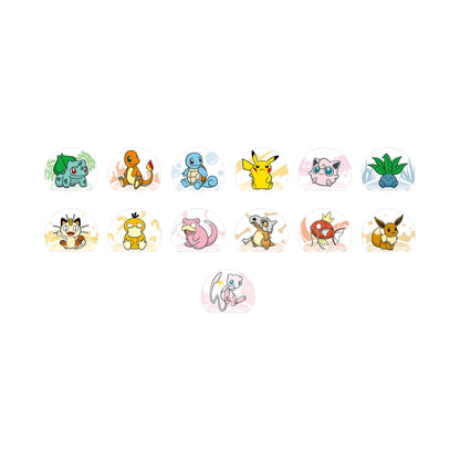 Collection of 13 colorful Pokémon acrylic stands featuring characters like Pikachu, Mew, and Bulbasaur on circular bases.