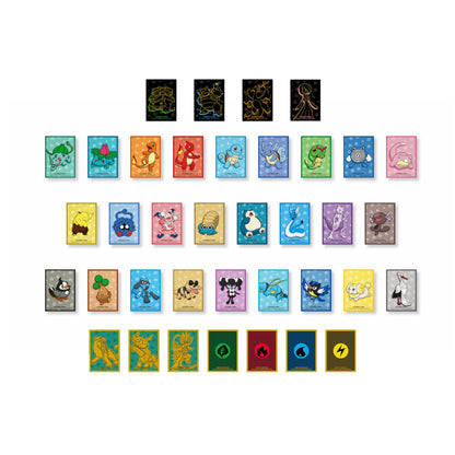 Set of 64 colorful Pokémon card sleeves featuring various character illustrations, elemental energy symbols, and black-bordered designs.