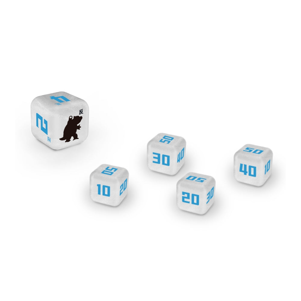 White Pokémon damage counter dice with blue numbers and a black silhouette icon on a white background.