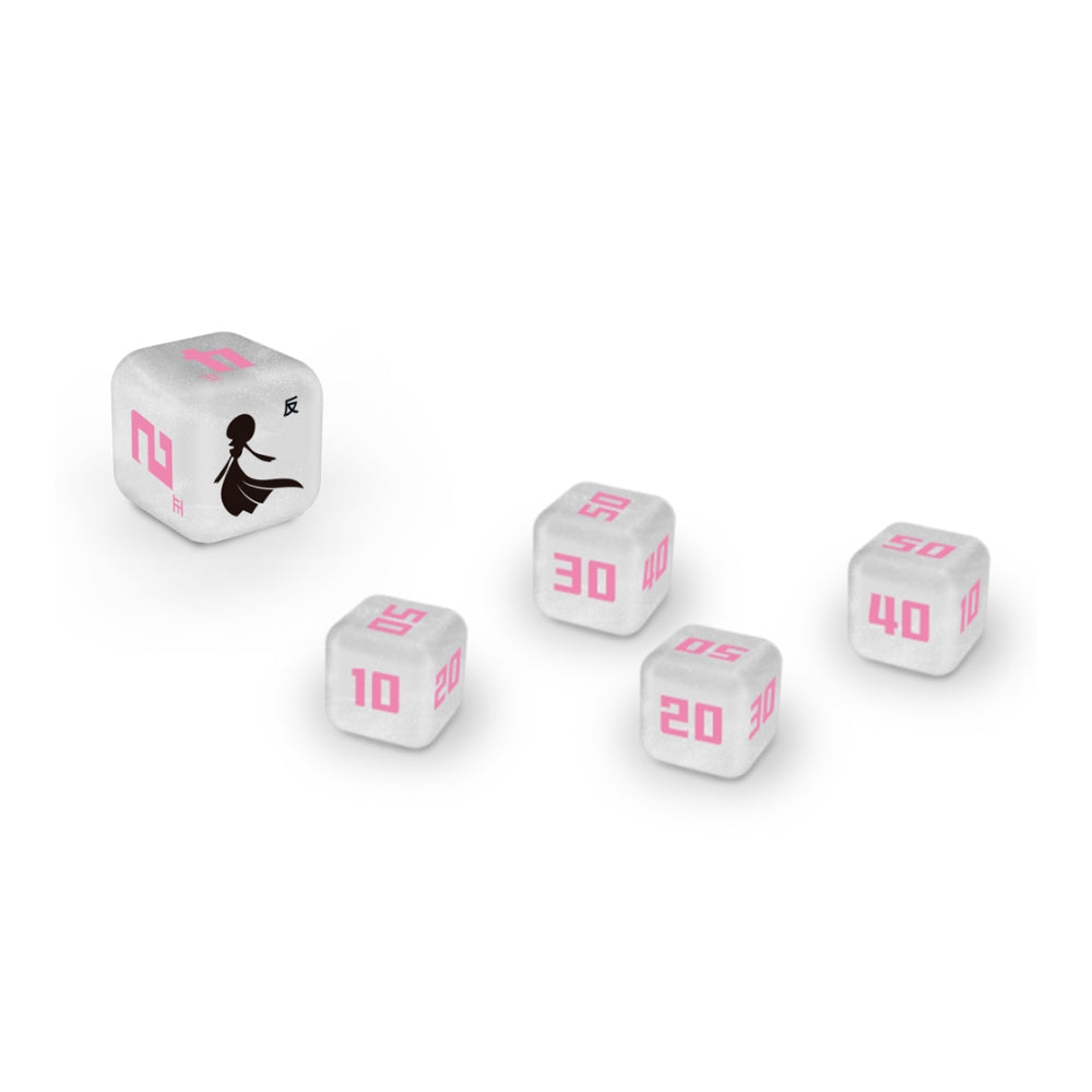 White damage counter dice with pink numbers and a black Gardevoir silhouette from the Pokémon Scarlet & Violet box.