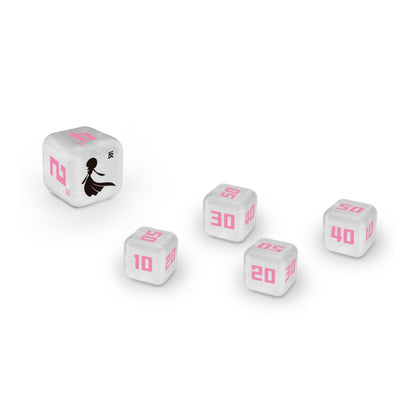 White damage counter dice with pink numbers and a black Gardevoir silhouette from the Pokémon Scarlet & Violet box.