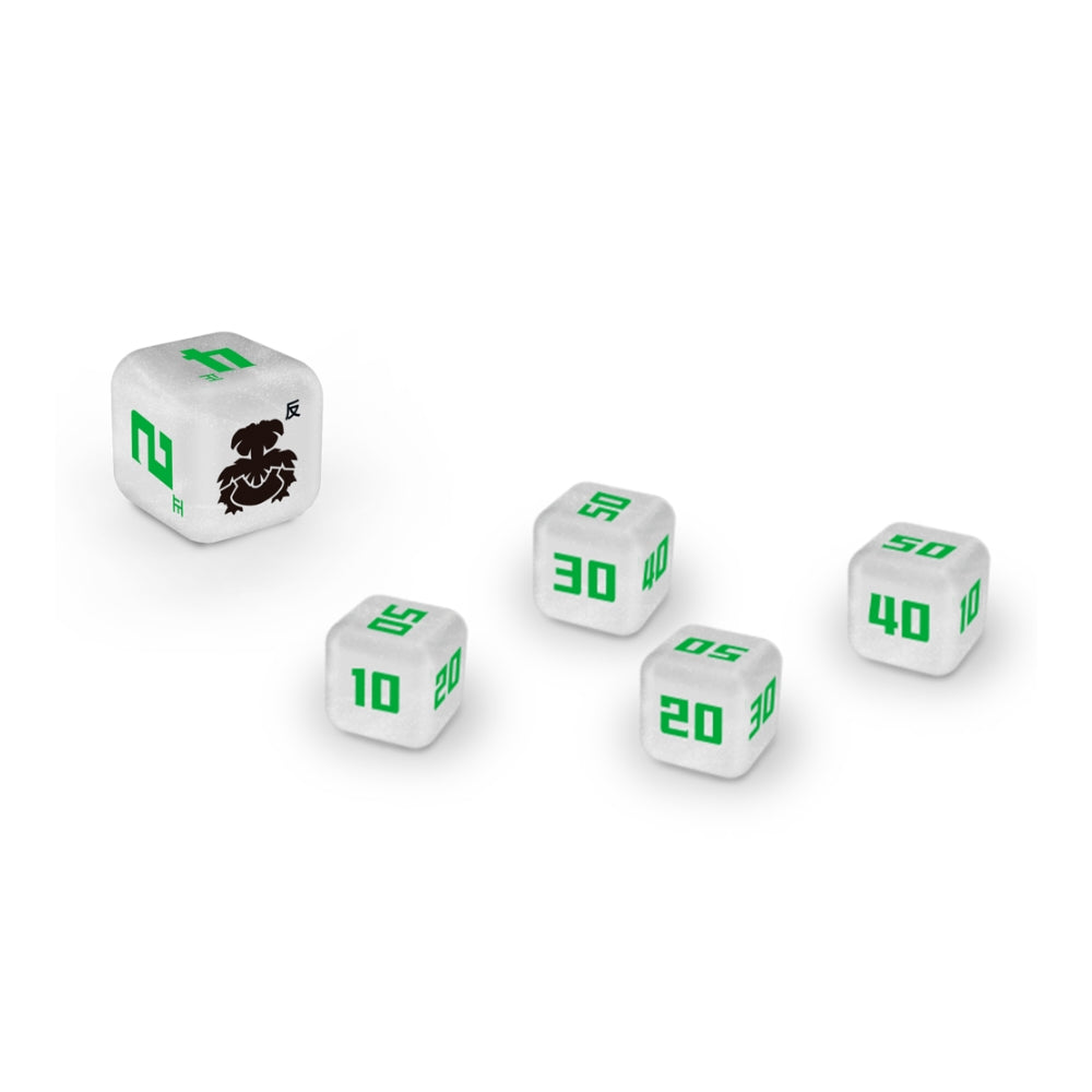 White Pokémon damage counter dice with green numbers and a black silhouette icon, set against a plain white background.