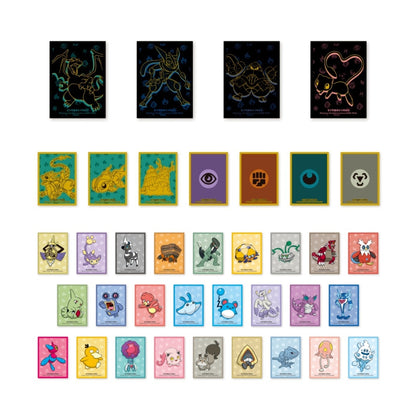 Pokémon Scarlet & Violet Paradox Veil accessories set featuring black character sleeves, colorful energy cards, and various Pokémon character cards.