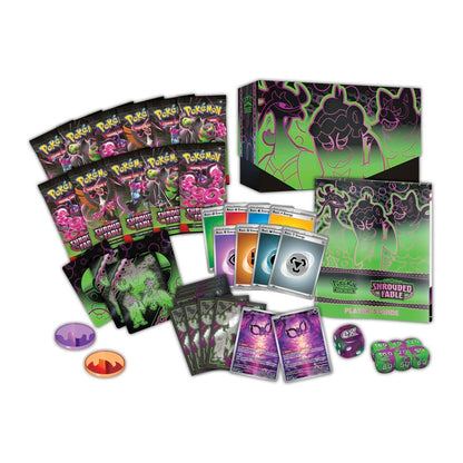 Shrouded Fable Elite Trainer Box featuring booster packs, Pecharunt promo cards, card sleeves, dice, and a player's guide.