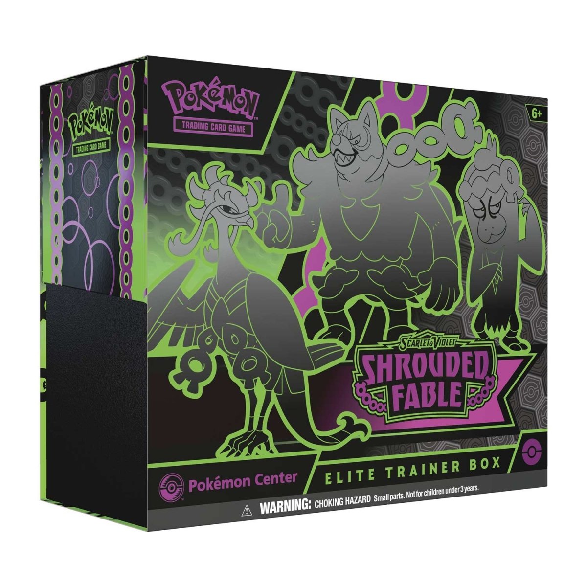 Shrouded Fable Pokémon Center Elite Trainer Box with black, green, and pink graphics featuring the Loyal Three.