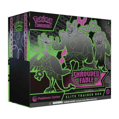 Shrouded Fable Pokémon Center Elite Trainer Box with black, green, and pink graphics featuring the Loyal Three.