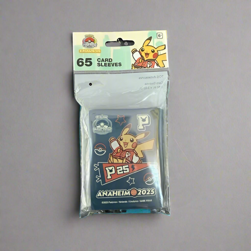 Pack of 65 blue Pokémon 2025 WCS Pikachu card sleeves featuring a varsity jacket design and Anaheim 2025 branding.