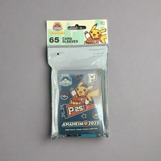 Pack of 65 blue Pokémon 2025 WCS Pikachu card sleeves featuring a varsity jacket design and Anaheim 2025 branding.