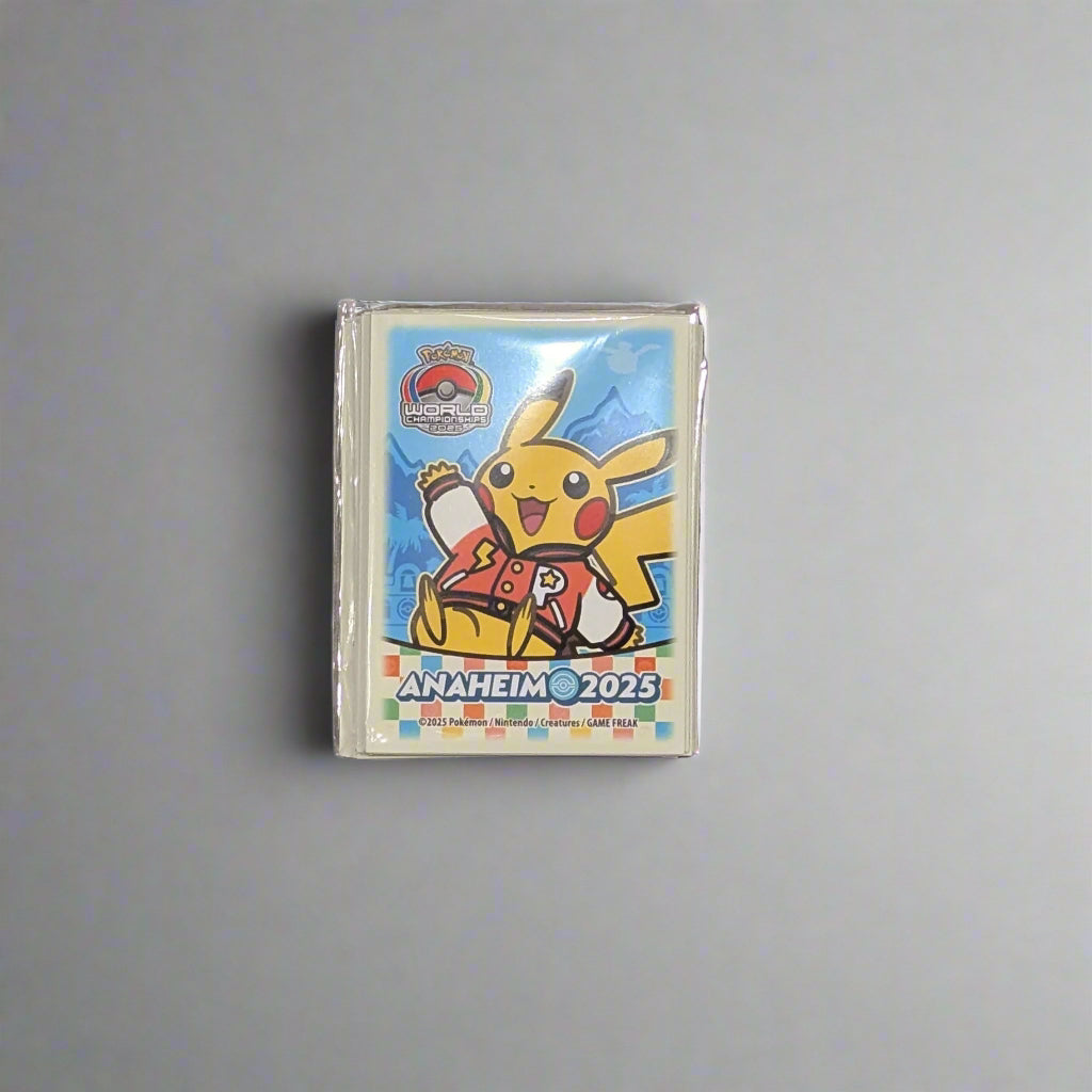 Pack of 65 Pokémon 2025 World Championships Pikachu card sleeves featuring a colorful Anaheim design in protective plastic.