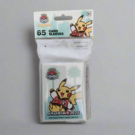 Pack of 65 green Pokémon 2025 WCS Anaheim card sleeves featuring a Pikachu design in a protective plastic package.