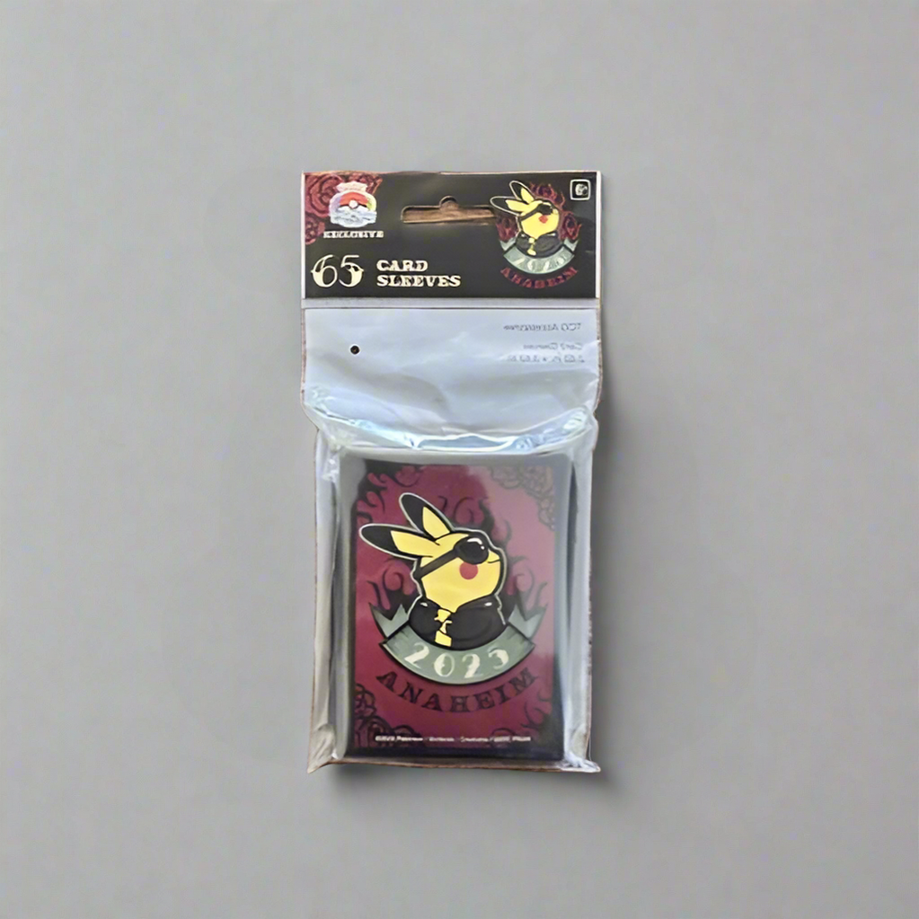 Pack of 65 red 2025 WCS Pikachu card sleeves featuring a stylish Pikachu design in protective plastic packaging.