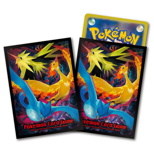 Set of 64 protective Pokémon card sleeves featuring Articuno, Zapdos, and Moltres artwork on a dark city background.