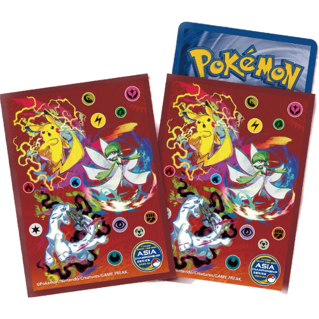 Red Pokémon Card Game Sleeves, Asia Champions 2023 Exclusive, featuring Pikachu, Gardevoir, and other Pokémon.