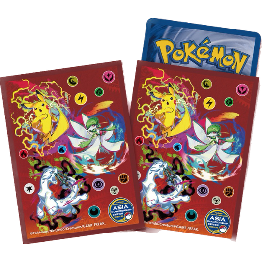Red Pokémon Card Game Sleeves, Asia Champions 2023 Exclusive, featuring Pikachu, Gardevoir, and other Pokémon.