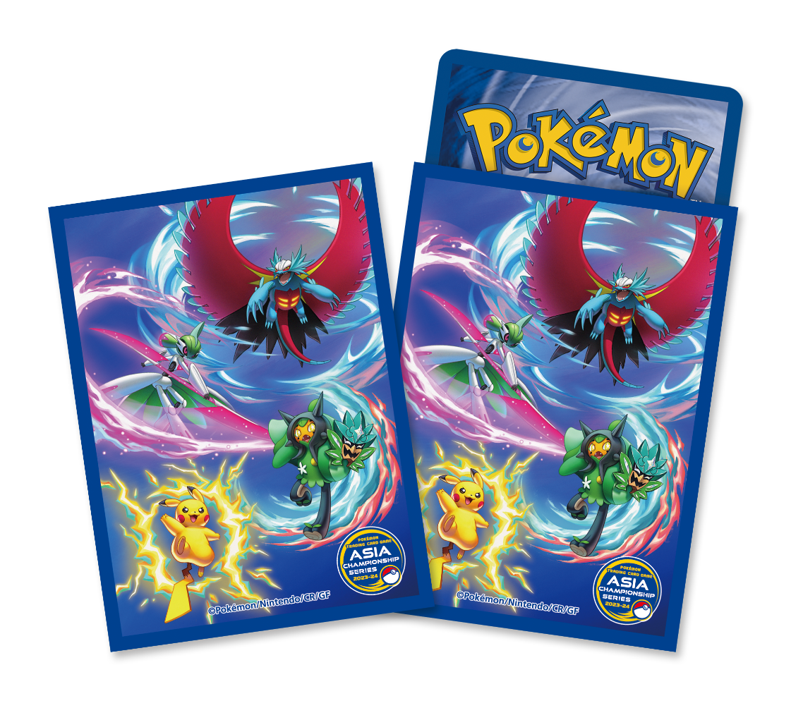 Two blue Pokémon Card Game sleeves, Asia Champions 2024 Exclusive, featuring colorful Pokémon art and a card inserted.