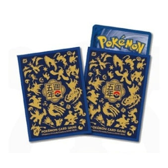 Blue Pokémon 5th Anniversary card sleeves featuring gold silhouette patterns and a central commemorative emblem.
