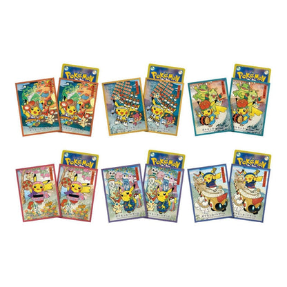 Set of 64 colorful Pokémon card sleeves featuring Pikachu in various Japanese festival-themed illustrations and designs.