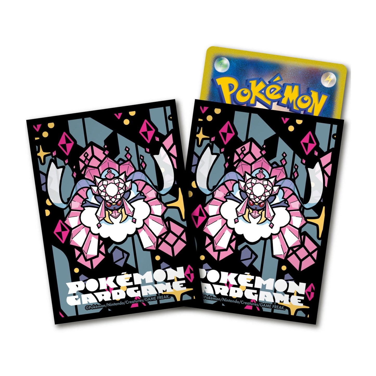 Mega Diancie Pokémon card sleeves featuring a stained-glass style design with pink crystals and black borders.