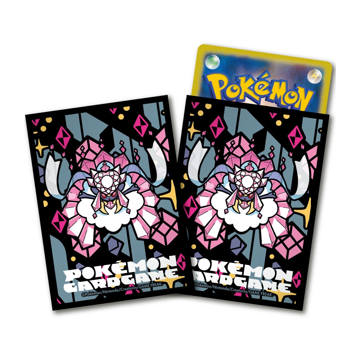 Mega Diancie Pokémon card sleeves featuring a stained-glass style design with pink crystals and black borders.