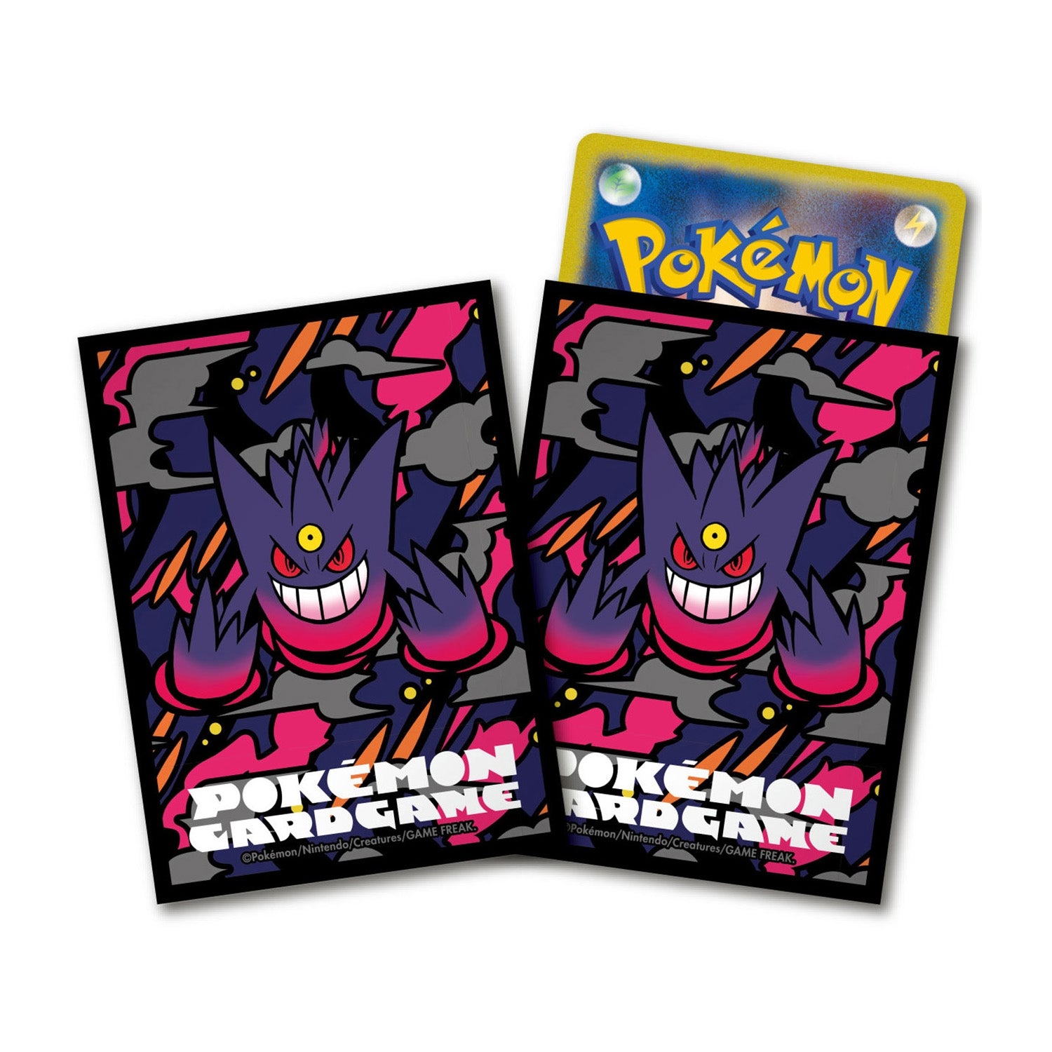Mega Gengar protective card sleeves featuring a vibrant purple, pink, and black graphic design with Pokémon branding.