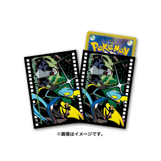 Two black Pokémon Card Game sleeves featuring Inteleon in a "Midnight Agent" design, one with a yellow Pokémon card.
