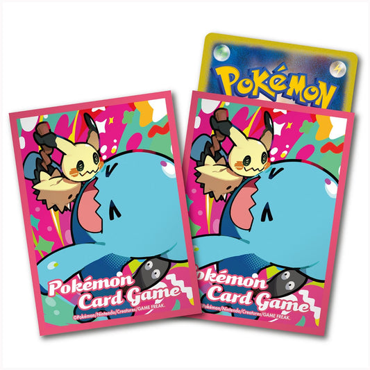 Two pink Pokémon card sleeves featuring Mimikyu and Wobbuffet with a colorful, vibrant abstract background pattern.