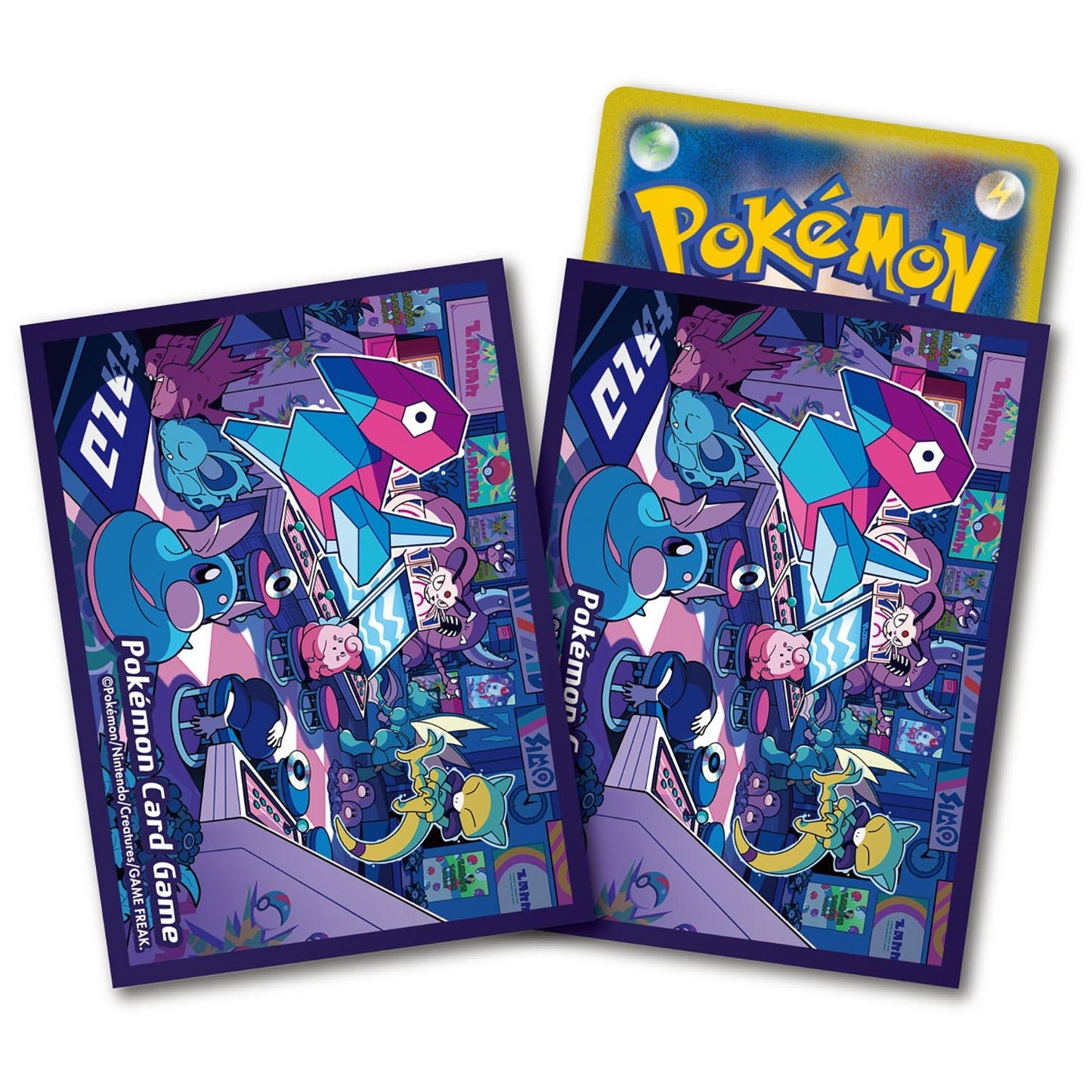 Set of 64 purple Pokémon Night Arcade card sleeves featuring a colorful, neon-style gaming room illustration.