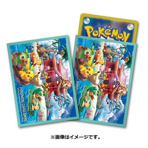 Two Pokémon Card Game sleeves featuring Pikachu and other Pokémon in a vibrant Okinawa-themed design.
